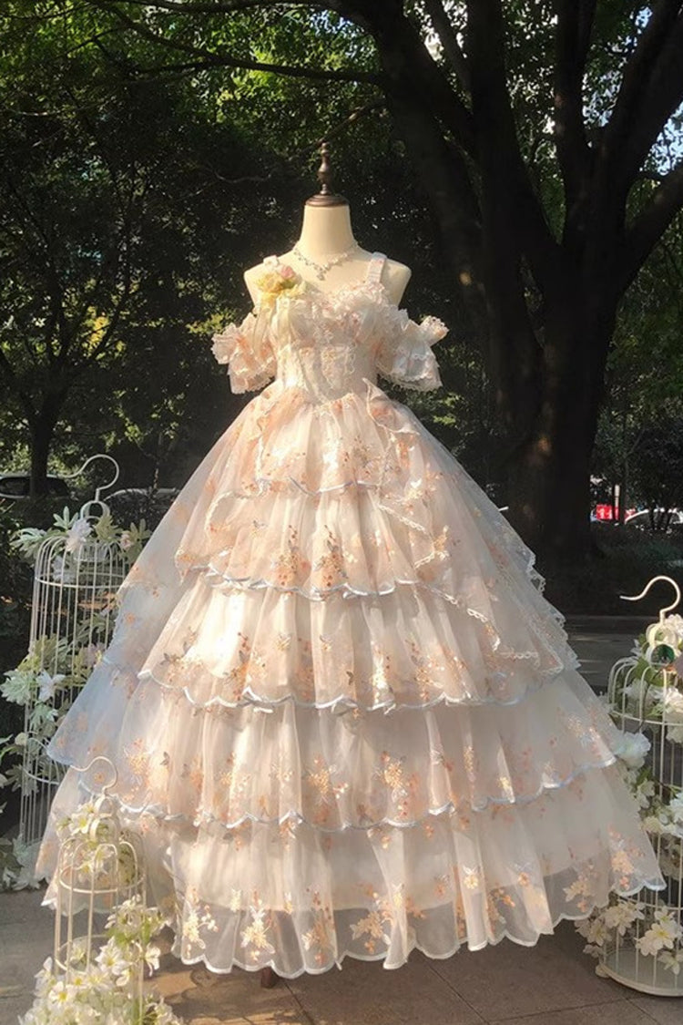 Apricot [Diana's Flowers] Sleeveless Multi-Layered Ruffle Hanayome Bowknot Lace Sweet Gorgeous Lolita Jsk Dress - Apricot - 1