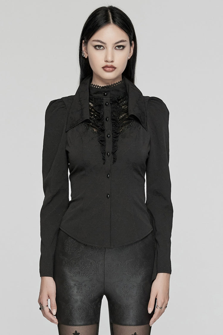 Black Long Puff Sleeves Stitching Lace Women's Gothic Blouse - Black - 1