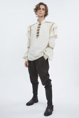 Beige Stand Collar Lantern Sleeves Multi-layer Ruffle Men's Gothic Blouse - Product - 2