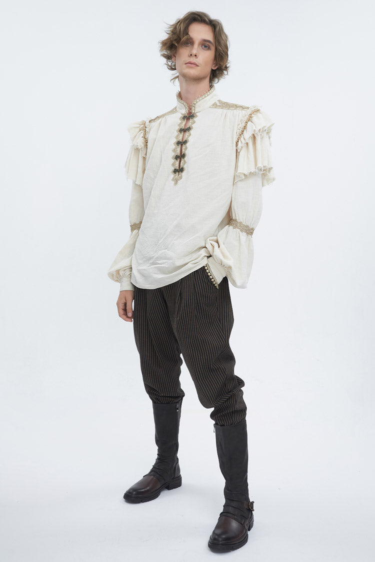 Beige Stand Collar Lantern Sleeves Multi-layer Ruffle Men's Gothic Blouse - Product - 2