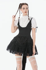 Black/White Short Puff Sleeves Lace Ruffled Stand Collar Women's Gothic Royal Blouse - Black/White - 1