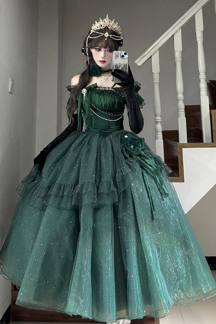 Green [Bright Stars] Off Shoulder Ruffle Bowknot Asymmetric Sweet Elegant Princess Lolita Dress - Green - 1