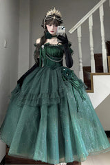 Green [Bright Stars] Off Shoulder Ruffle Bowknot Asymmetric Sweet Elegant Princess Lolita Dress - Green - 1