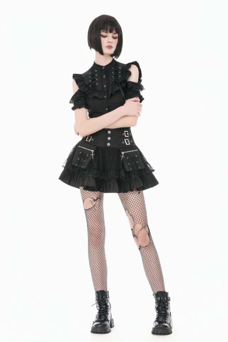 Black Mandarin Collar Cold‑Shoulder Puff Sleeves Ruffled Cut-Out Lace-Up Women's Gothic Blouse - Product - 7