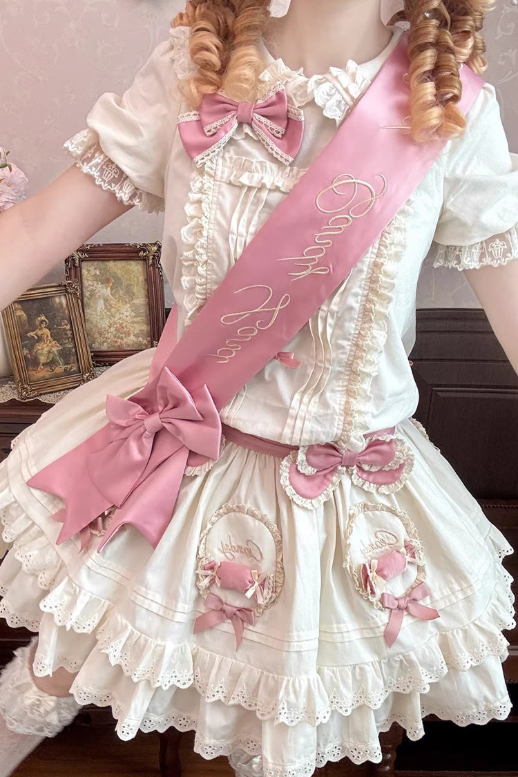 Apricot [Candy Paradise] Doll Collar Short Sleeves Double-Layered Ruffled Bow Sweet Lolita OP Dress - Product - 3