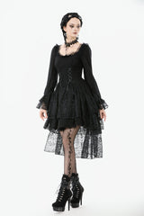 Black Square Collar Long Trumpet Sleeves Lace Lace-Up Multi-Layered High-Low Women's Gothic Dress - Product - 9