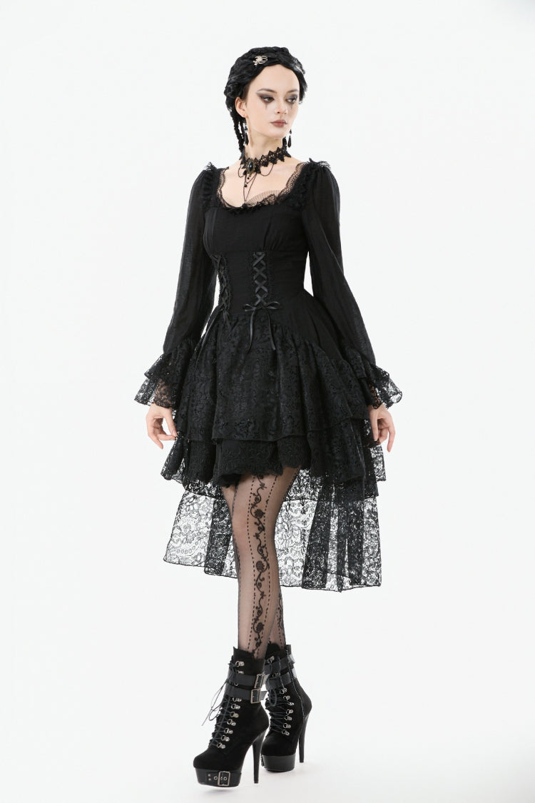 Black Square Collar Long Trumpet Sleeves Lace Lace-Up Multi-Layered High-Low Women's Gothic Dress - Product - 9