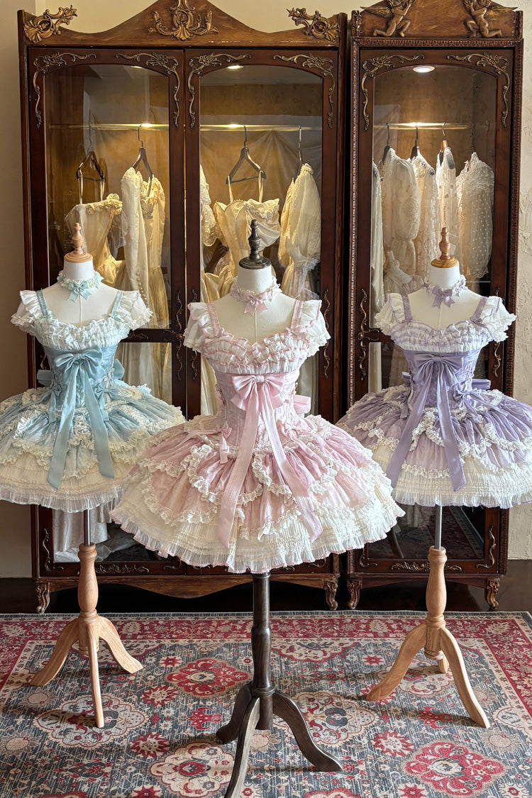 Pink [Floral Dream] Short Sleeves Multi-Layered Ruffle Embroidery Bowknot Lace-Up Sweet Elegant Ballet Lolita Jsk Dress - Product - 4