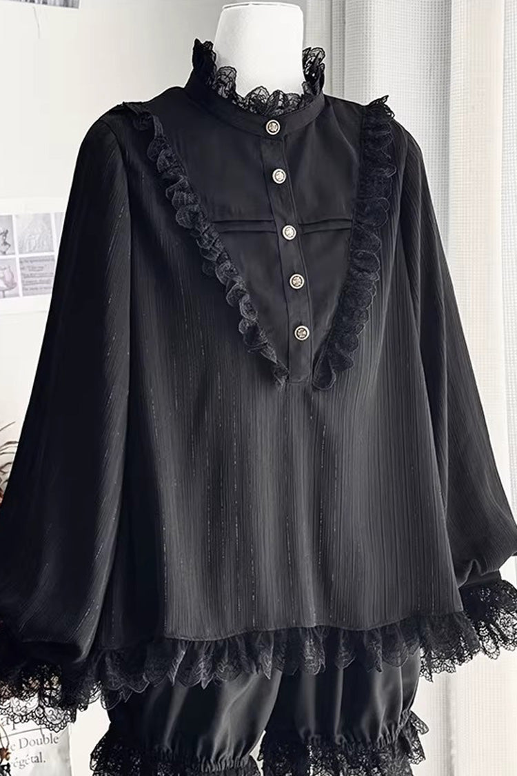 Black Stand Collar Long Short Sleeves Printed Ruffled Lace Gothic Ouji Lolita Set 2 Versions - Product - 17