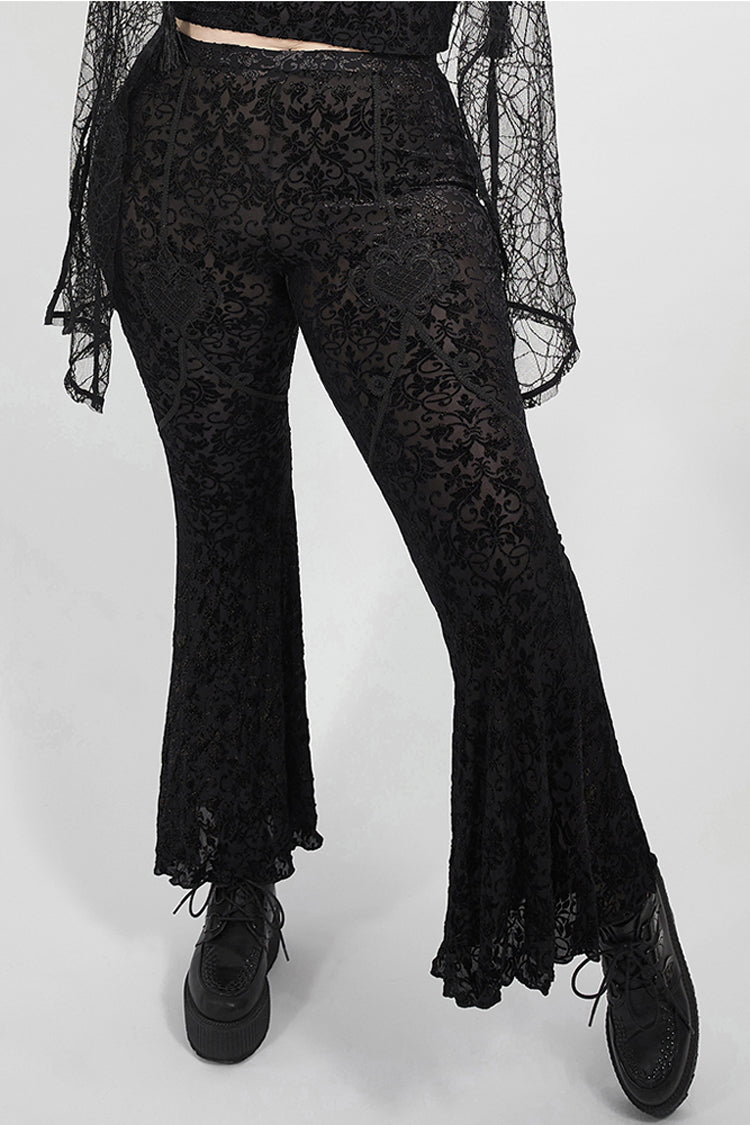 Black Plus Size Velvet Print Front Decals Knit Flare Women's Gothic Pants - Product - 2