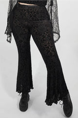 Black Plus Size Velvet Print Front Decals Knit Flare Women's Gothic Pants - Product - 2