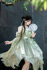 Green Halterneck Sleeveless Bowknot Lace Irregular Sweet Chinese Style Lolita Jsk Dress - Product - 7