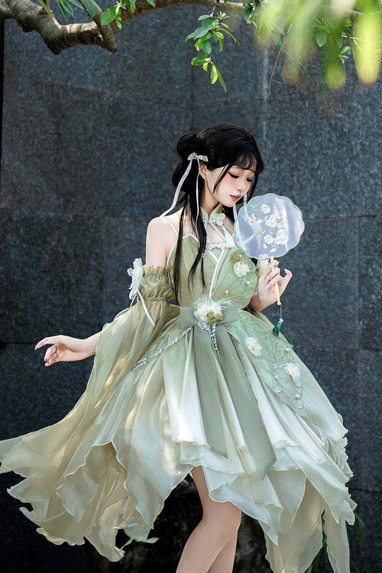 Green Halterneck Sleeveless Bowknot Lace Irregular Sweet Chinese Style Lolita Jsk Dress - Product - 7