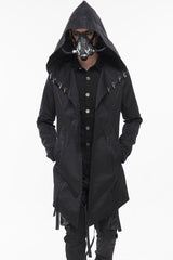 Black Punk Back Splicing Straps Design Windproof Fabric Daily Matching Hooded Casual Men's Coat - Product - 2