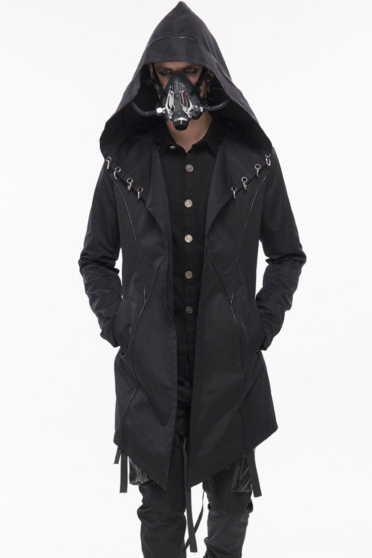 Black Punk Back Splicing Straps Design Windproof Fabric Daily Matching Hooded Casual Men's Coat - Product - 2