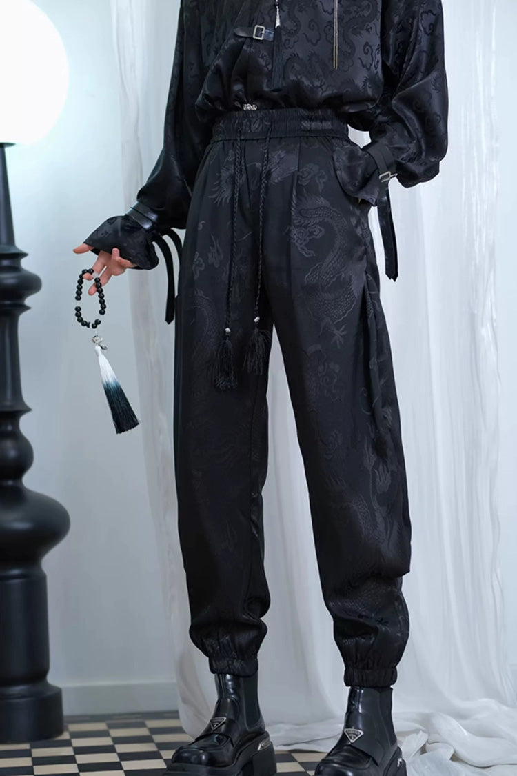 Black Dragon-Pattern Jacquard Printed Ouji Gothic Chinese Style Handsome Lolita Tassel Pants - Product - 6