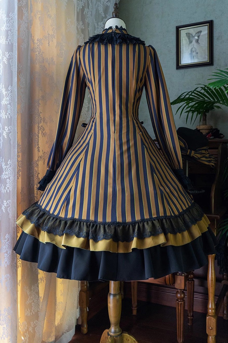 Point Manor Stand Collar Long Sleeves Multi-layer Striped Print Ruffle Gothic Lolita Dress 4 Colors - Product - 9