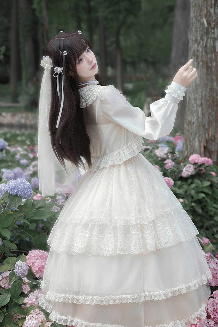 Ivory Tower Multi-layer Ruffle Embroidery Sweet Elegant Lolita Jsk Dress (Long Version) - Product - 3