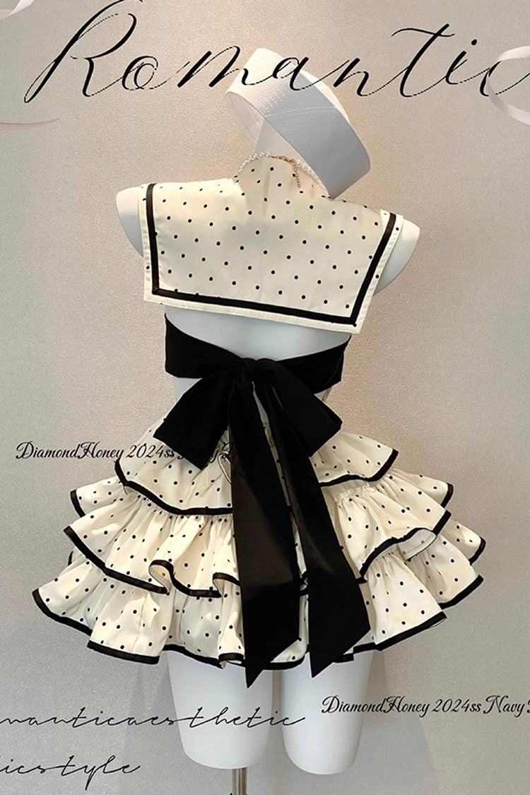Apricot Multi-layer Polka Dots Print Navy Doll Ruffle Bowknot Sweet Lolita Tiered Dress - Product - 13