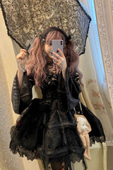 Black [Rose Cage] Ruffle Bowknot Lace Mesh Gothic Elegant Lolita Jsk Dress - Product - 3