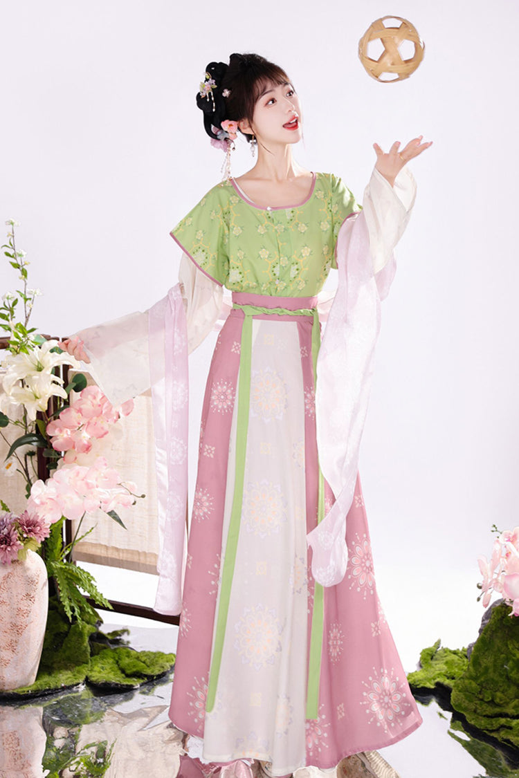 Pink/Green Round Collar Short Sleeves High Waisted Print Women's Chinese Style Hanfu Dress Full Set - Product - 2