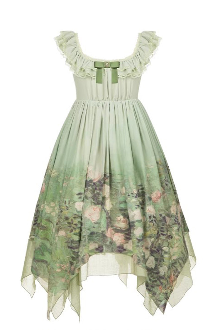 Green [Blooming Roses] Print Oil Painting Chiffon Ruffle Bowknot Irregular Sweet Lolita Jsk Dress - Product - 3