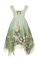 Green [Blooming Roses] Print Oil Painting Chiffon Ruffle Bowknot Irregular Sweet Lolita Jsk Dress - Product - 3