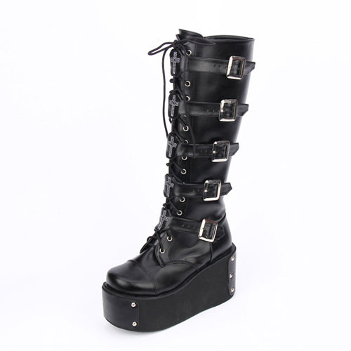 Black Cross Adornment High Platform Lolita Boots - Product - 3