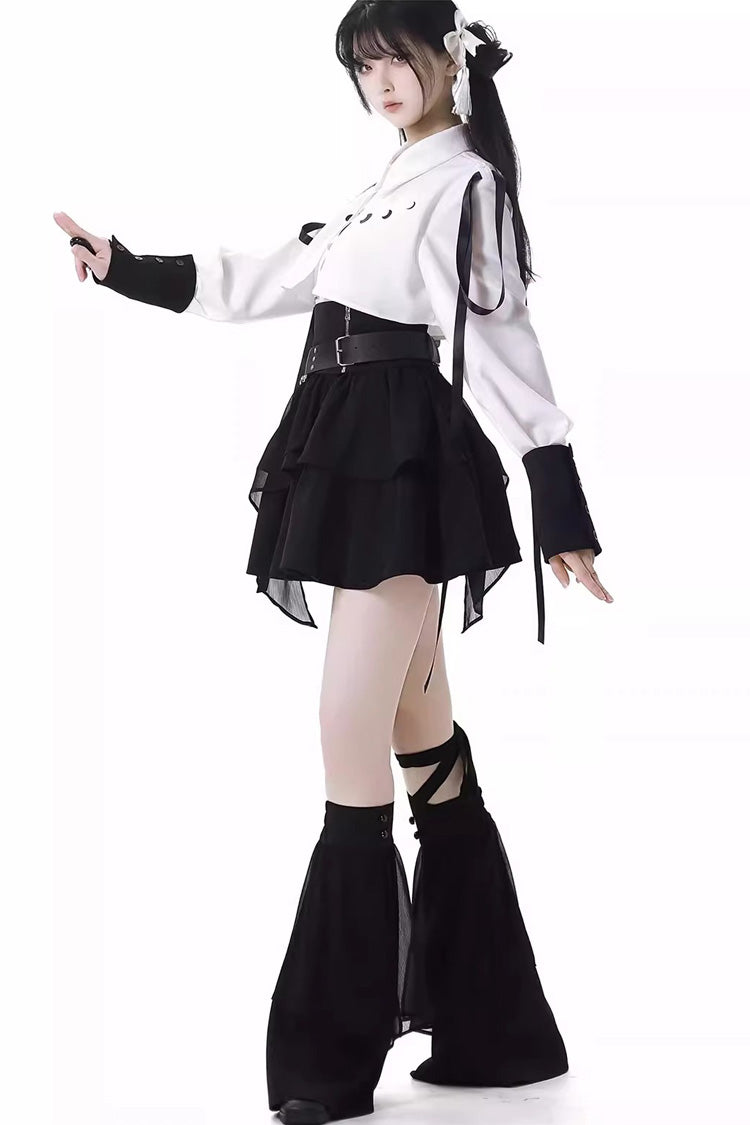 White/Black [Moonlight Flowing] Long/Short Sleeves Ruffled Asymmetric Gothic Jirai Kei Skirt Set - Product - 6