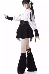 White/Black [Moonlight Flowing] Long/Short Sleeves Ruffled Asymmetric Gothic Jirai Kei Skirt Set - Product - 6