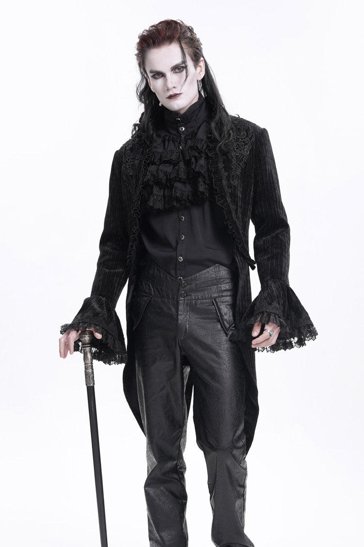 Black Stand Collar Swallow-tailed Long Sleeves Lace Men's Gothic Jacket - Product - 7