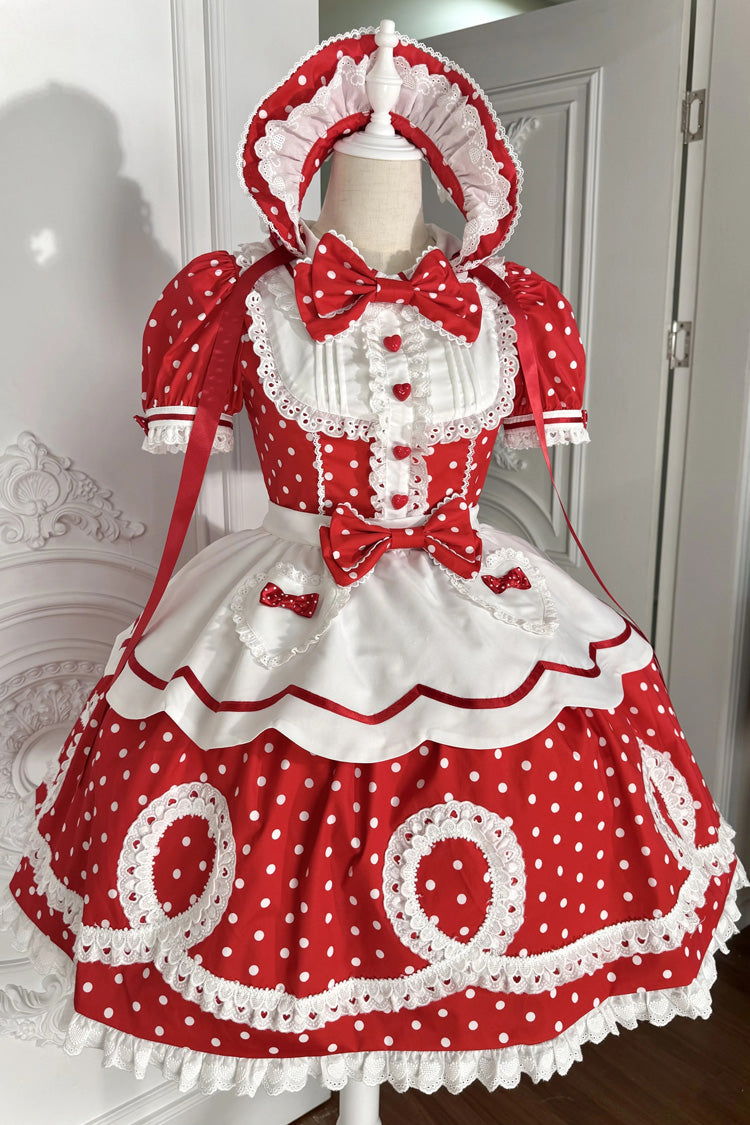 [A Day as a Candy Shop Owner] Peter Pan Collar Short Sleeves Printed Bow Sweet Lolita Dress 3 Colors (Red, Blue, Pink) - Red - 11