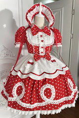 [A Day as a Candy Shop Owner] Peter Pan Collar Short Sleeves Printed Bow Sweet Lolita Dress 3 Colors (Red, Blue, Pink) - Red - 11