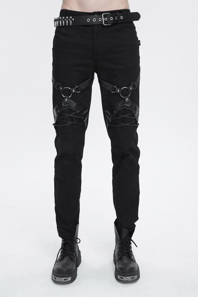 Black Thigh Position Buckle Splice Men's Punk Pants - Black - 1
