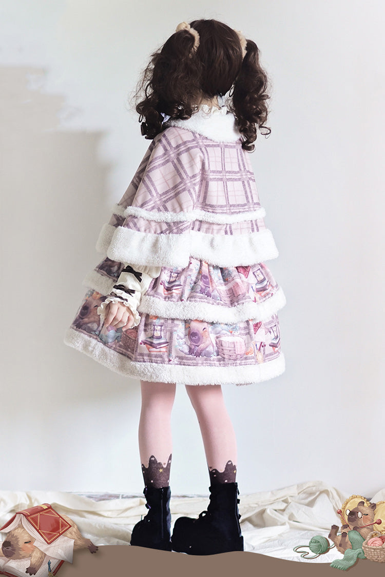 Pink/Purple [Capybara] Double-Layered Print Fluffy Fall Winter Sweet Lolita Jsk Dress - Product - 14