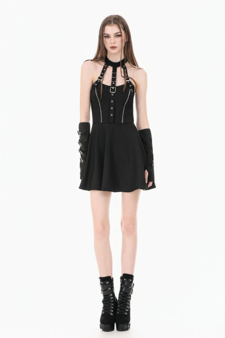Black Buckled Zippered Women's Punk Halterneck Dress - Product - 12