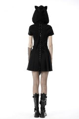 Black Short Sleeves Lace-Up Buckled Women's Punk Cat Ear Hooded Short Cape - Product - 4