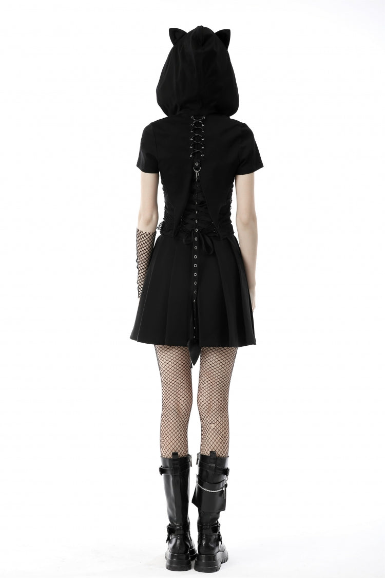 Black Short Sleeves Lace-Up Buckled Women's Punk Cat Ear Hooded Short Cape - Product - 4