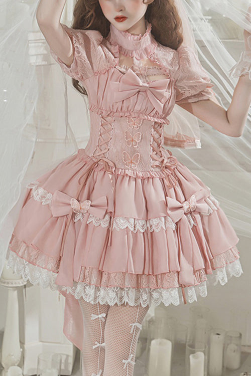 Pink Cross Round Collar Lace Short Sleeves Waist Ruffled Butterfly Sweet Lolita Dress - Pink - 1