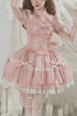 Pink Cross Round Collar Lace Short Sleeves Waist Ruffled Butterfly Sweet Lolita Dress - Pink - 1