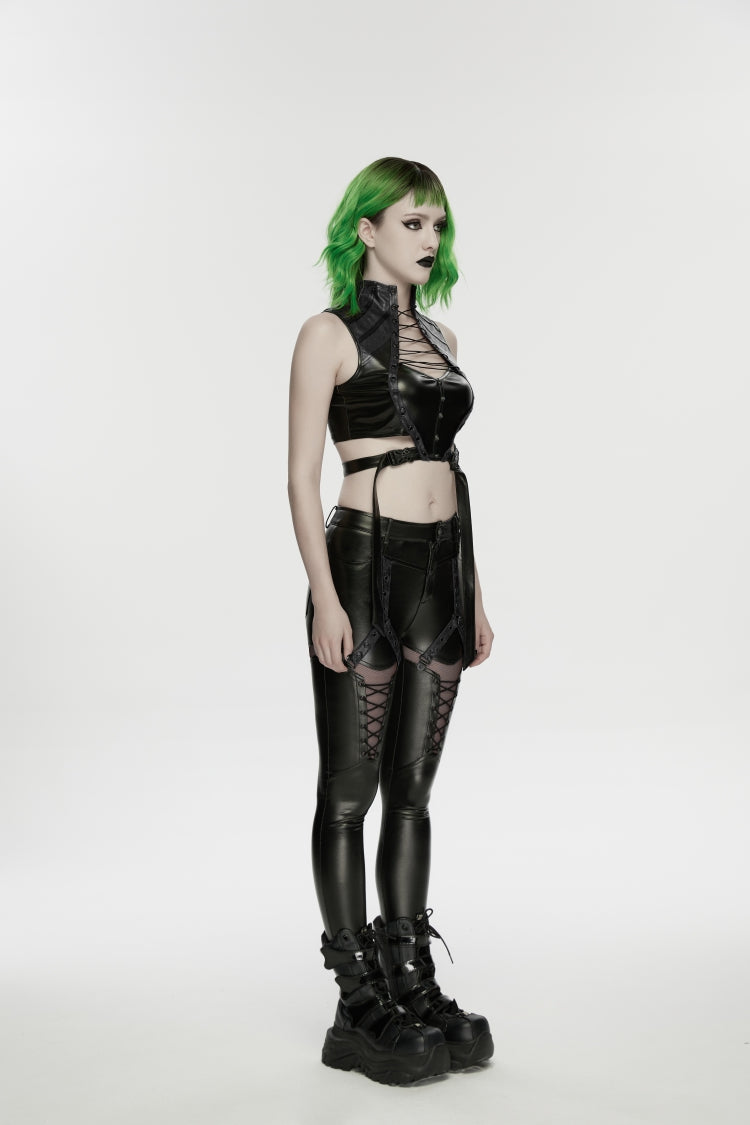 Black Cut-Out Spliced Eyelet Mesh Women's Punk Leggings - Product - 2