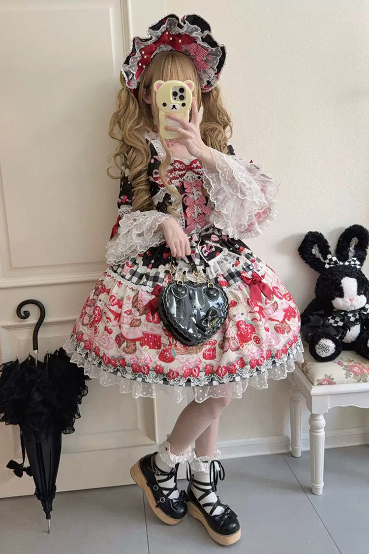 Black/Red [Sweet Berry Bunny Bear] Half Sleeves Printed Bow Lace Lace-Up Sweet Lolita OP Dress - Product - 4