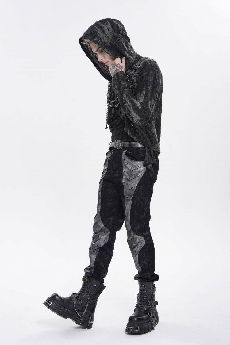 Grey Printed Cut-Out Spliced Color-Blocked Men's Punk Cool Pants - Product - 3