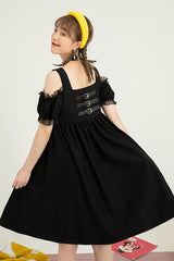 Black Puff Short Sleeve High Waisted Two Ways To Wear Before And After Sweet Lolita Dress - Product - 5