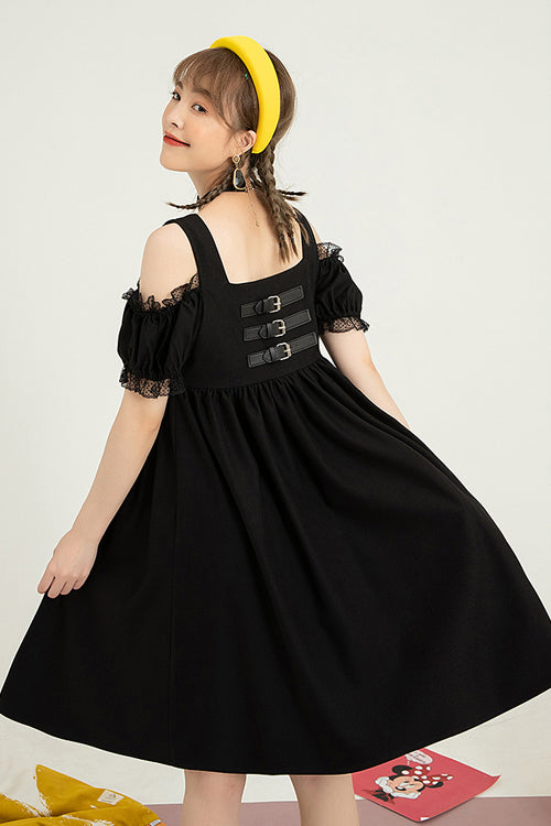 Black Puff Short Sleeve High Waisted Two Ways To Wear Before And After Sweet Lolita Dress - Product - 5