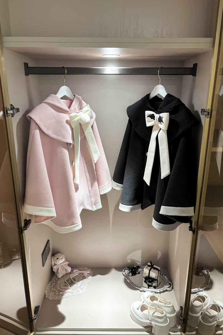 Black/Pink Bat Bowknot Cloak Wool Sweet Lolita Coat - Black - 1