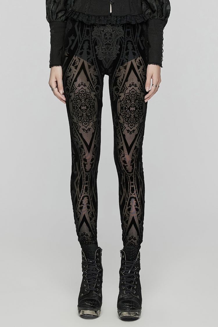 Black Floral Embroidery Mesh Women's Gothic Leggings - Black - 1