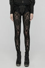 Black Floral Embroidery Mesh Women's Gothic Leggings - Black - 1