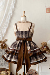 Brown Sleeveless Double-Layered Plaid Print Ruffle Bowknot Lace Sweet Lolita Jsk Dress - Product - 11