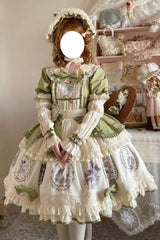 Green [Little Ida's Flowers] Short Sleeves Print Ruffle Bowknot Sweet Lolita Dress - Product - 2